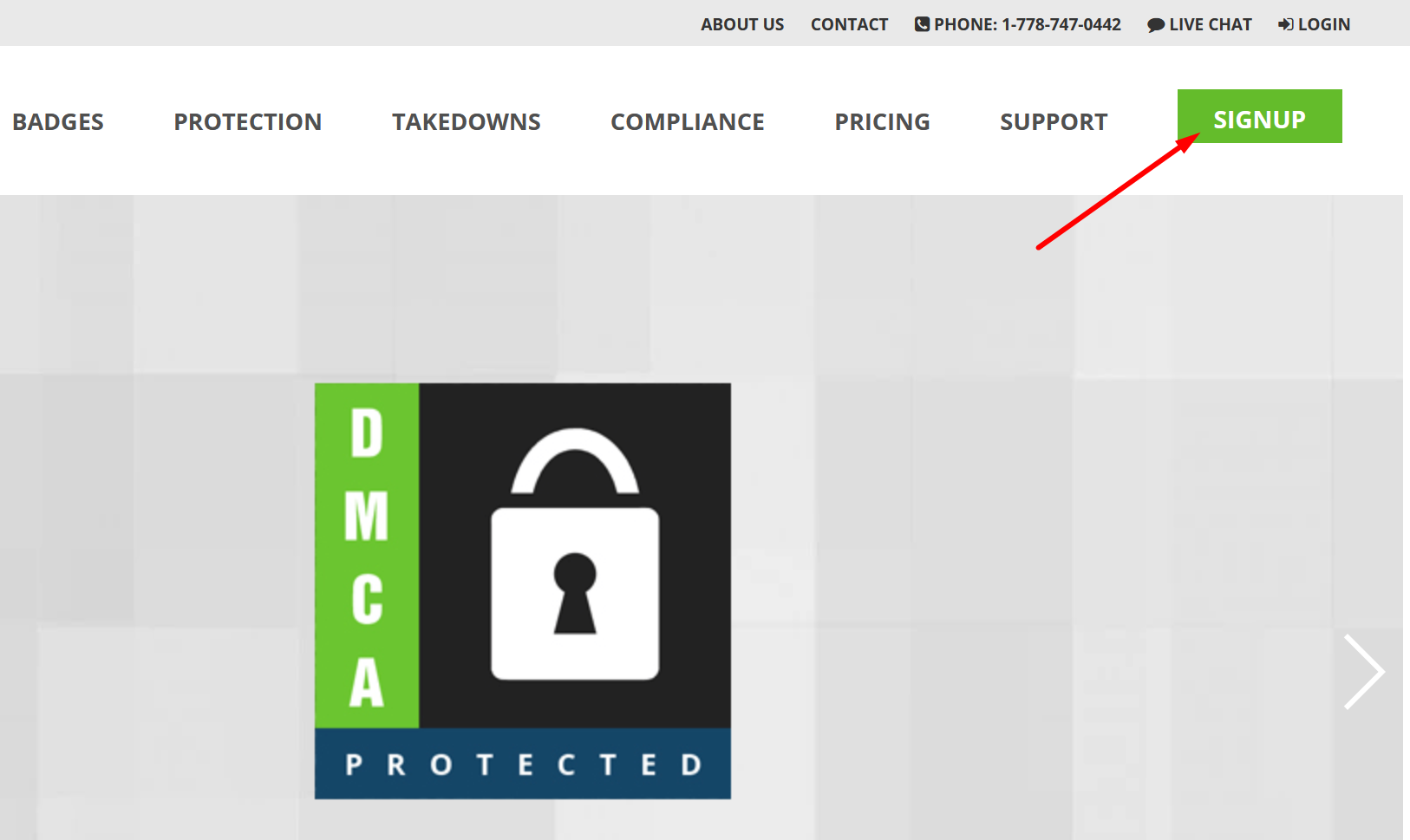 Nhấn vào nút "SIGNUP" trên website của DMCA để đăng ký